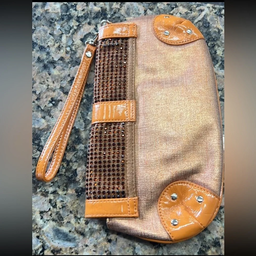 Express Orange Rhinestone Clutch Wristlet Y2K Studded Patent Trim